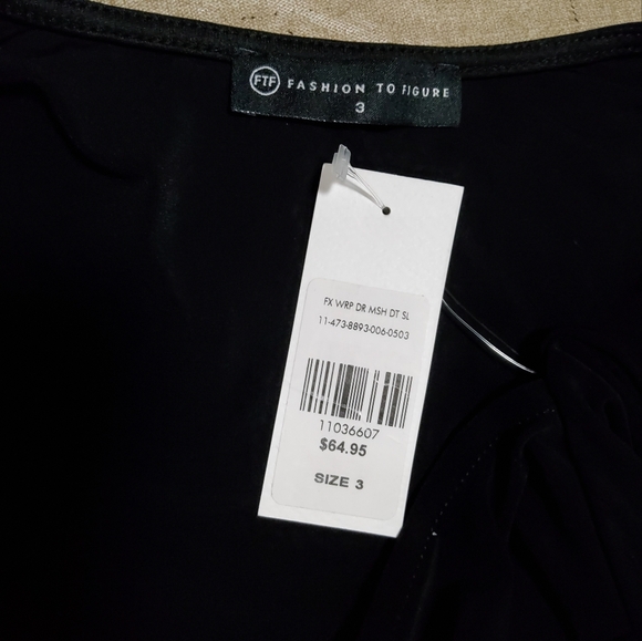 fashion To Figure Stretch Black Mesh Long Lanter Sleeve Faux Wrap Dress Size 3 - Picture 8 of 10